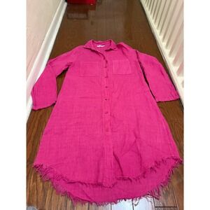 Milio-Milano Hot Pink Linen Button Down Shirt Dress Frayed Hem Tunic Womens